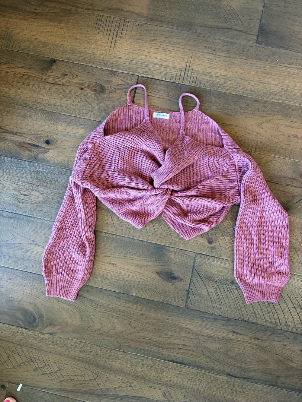 Vestique Pink Twist Front Knit Crop Sweater Small Cold Shoulder Cutout Coquette